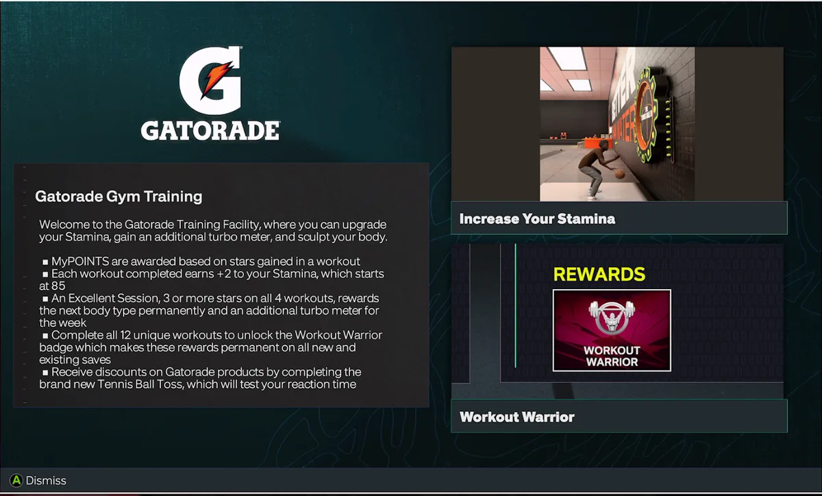 The NBA 2K27 Gatorade Gym Training screen, listing how MyPOINTS, Stamina, Excellent Sessions and the Workout Warrior badge work.