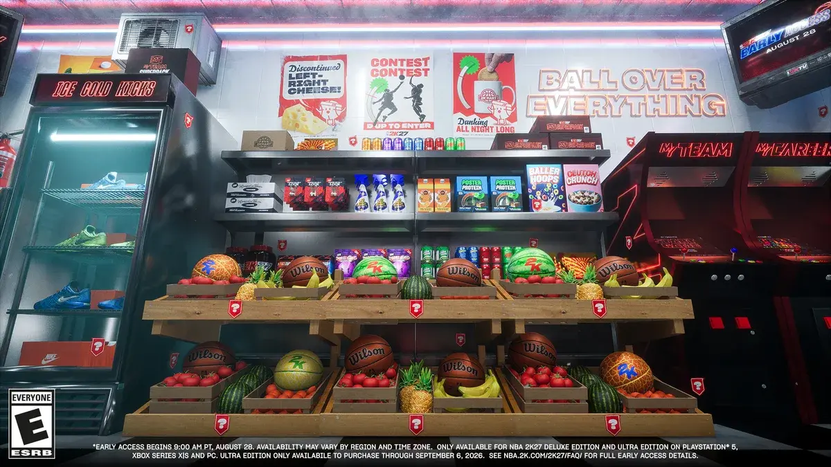 Inside 2K Mart: shelves of MyTEAM Superpack boxes and 2K-branded snacks beside MyTEAM and MyCAREER arcade cabinets