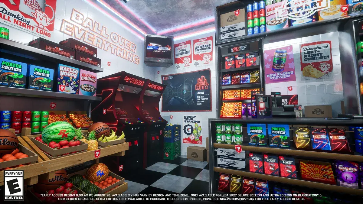 2K Mart interior with a Ball Over Everything neon wall, arcade cabinets and a poster teasing The City's Rec, Theater and Ante-Up Park