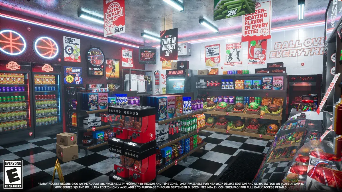 Wide view of the 2K Mart aisles, hung with Tune In August 18th banners