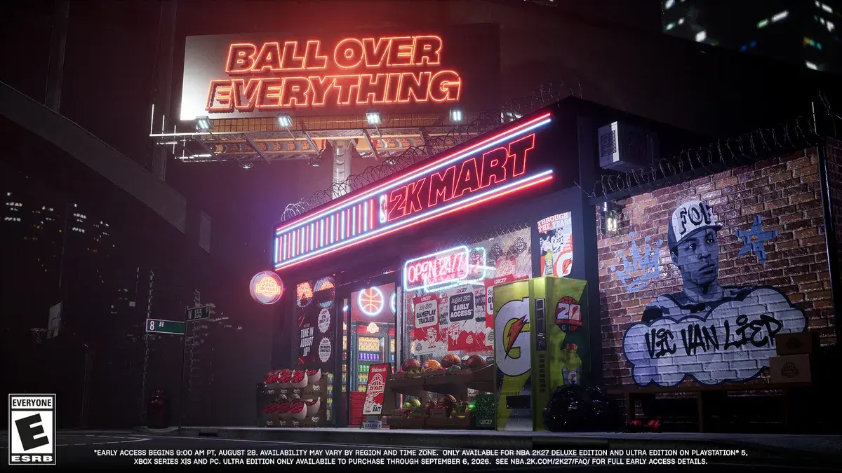 2K Mart exterior under a Ball Over Everything billboard, next to a Vic Van Lier mural