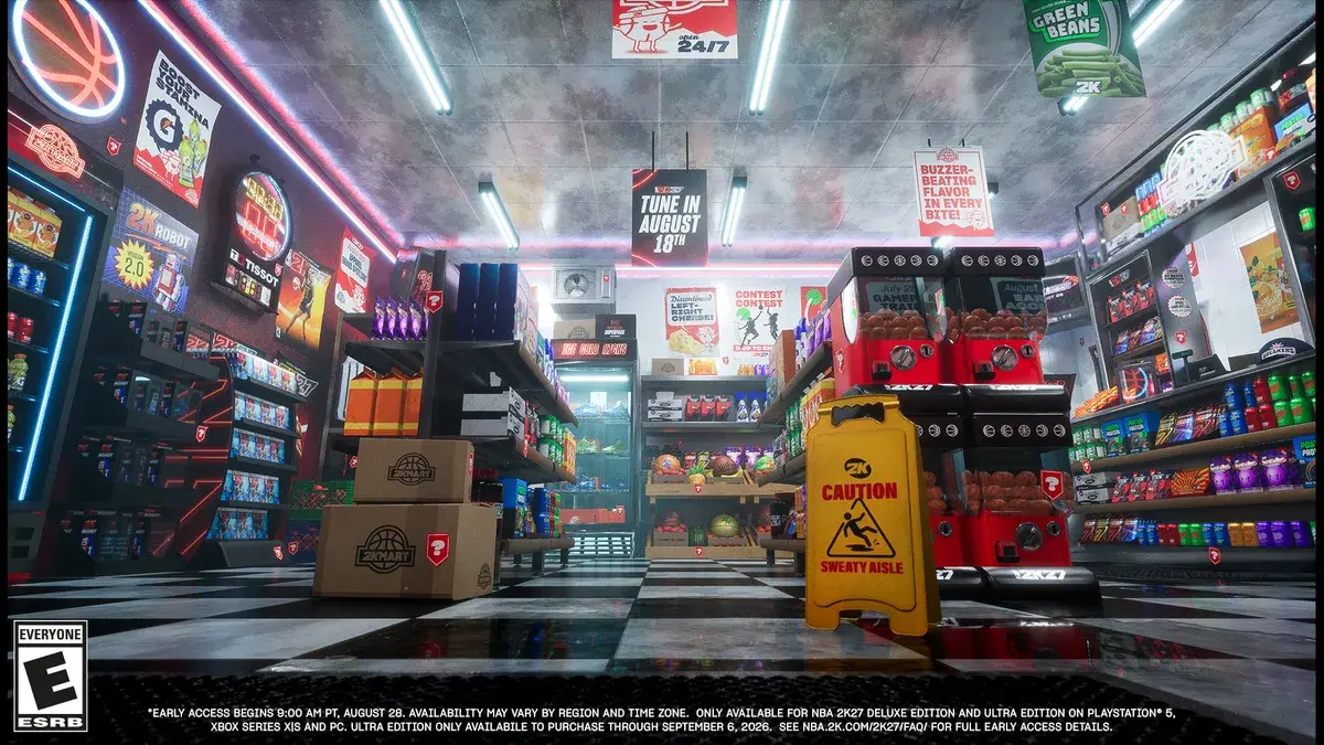 A 2K Mart aisle with gumball machines and a Caution Sweaty Aisle floor sign
