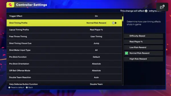 NBA 2K25 Normal Risk Reward Setting