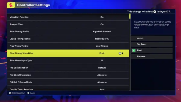 NBA 2K25 Push Shot Setting