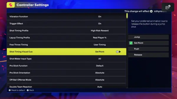 NBA 2K25 Set Point Shot Setting